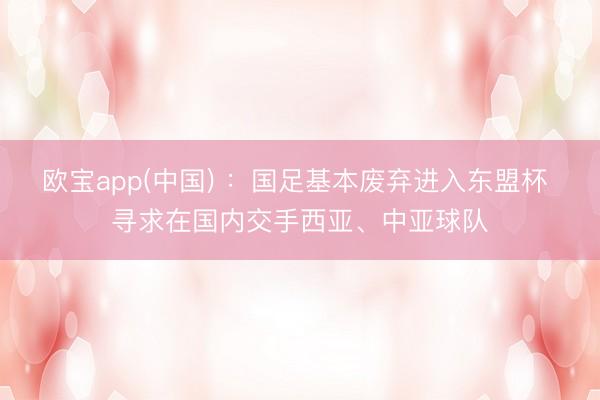 欧宝app(中国) ：国足基本废弃进入东盟杯 寻求在国内交手西亚、中亚球队